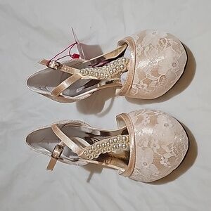 JIAJIA Women's Size 35 Bridal Shoes Closed Toe T-Strap Low Heel Lace Pumps